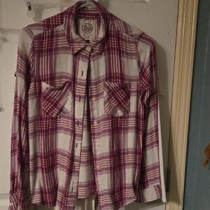 SO Casual Men's White and Magenta Plaid Button-Up Shirt